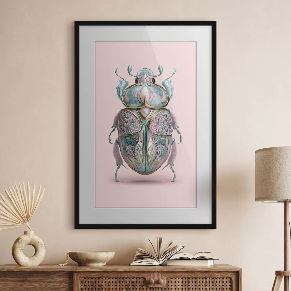 Poster Un coléoptère conçu pour ressembler à un bijou précieux sur fond rose f49863