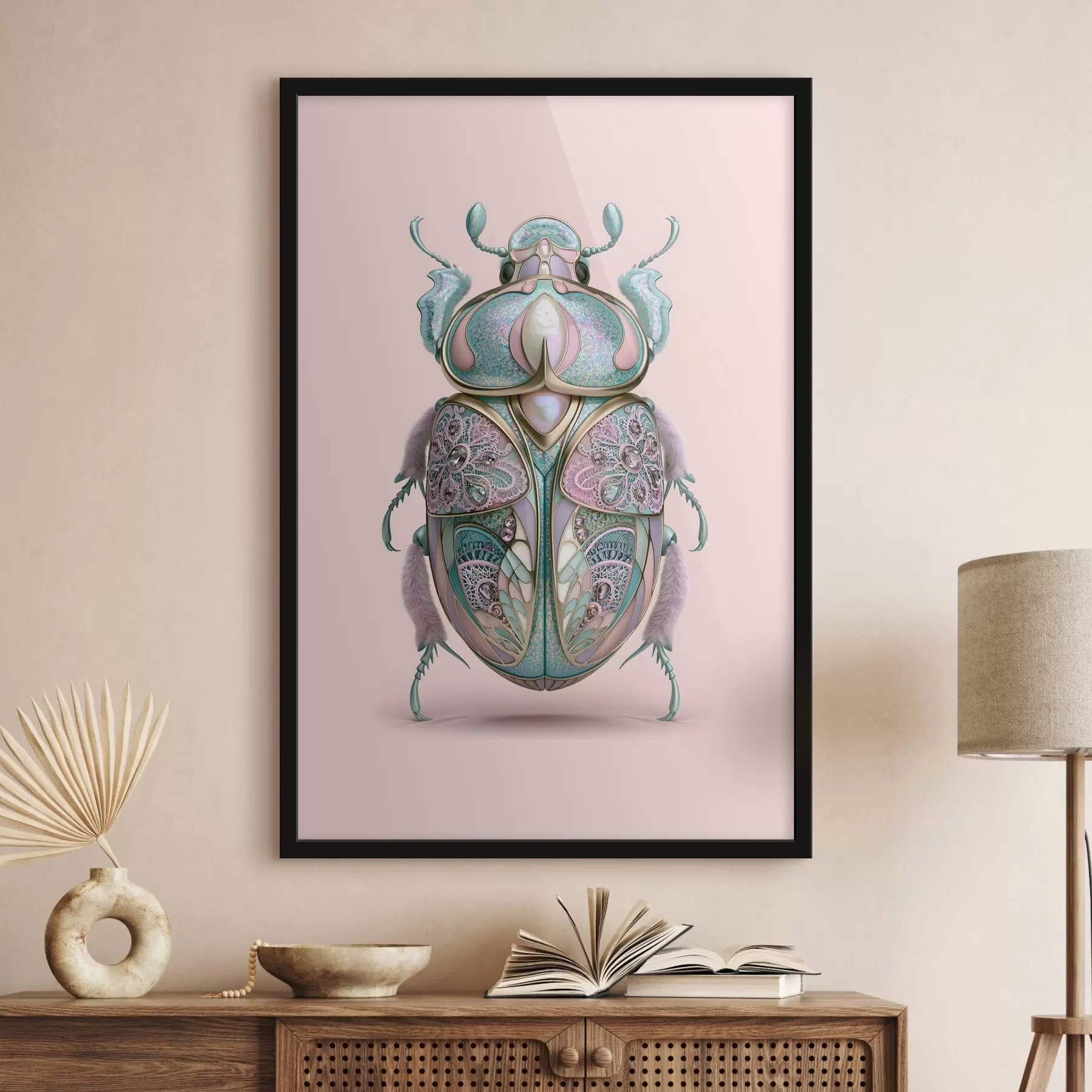 Papier peint Un coléoptère conçu pour ressembler à un bijou précieux sur fond rose f49863