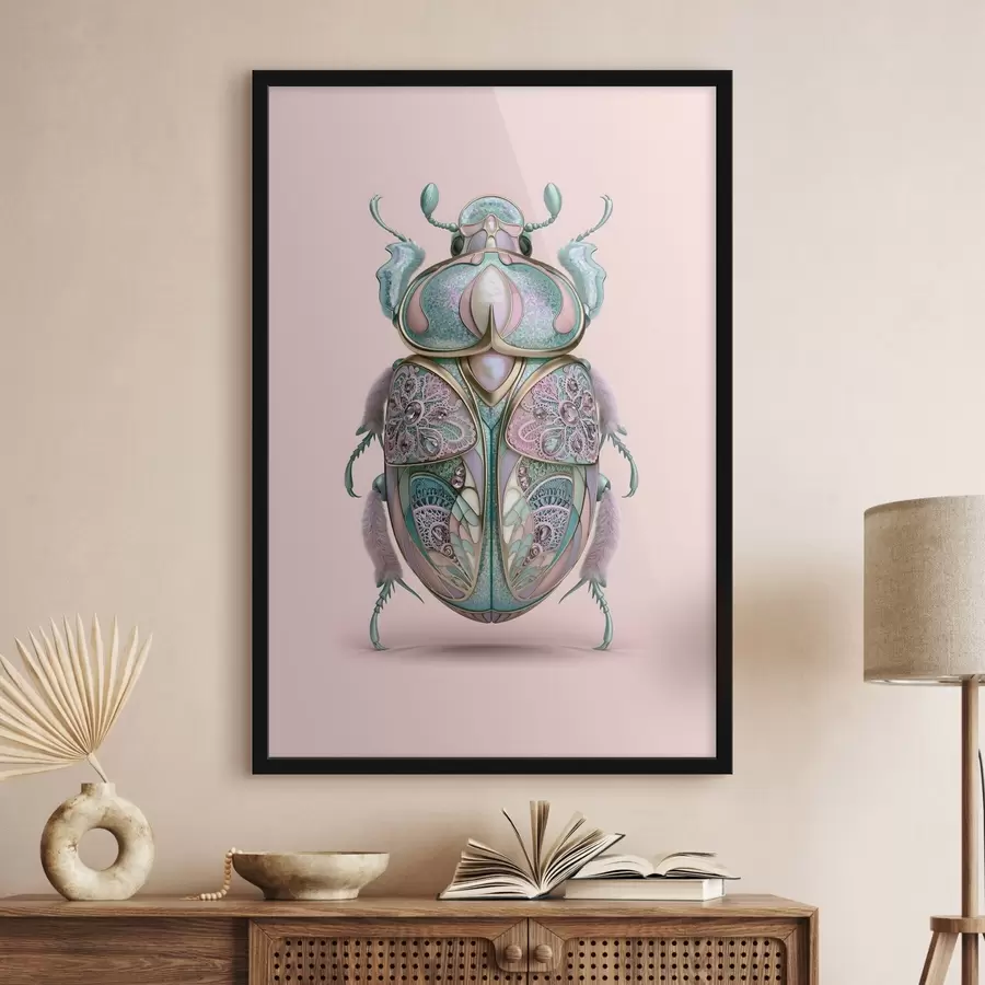 Papier peint Un coléoptère conçu pour ressembler à un bijou précieux sur fond rose f49863