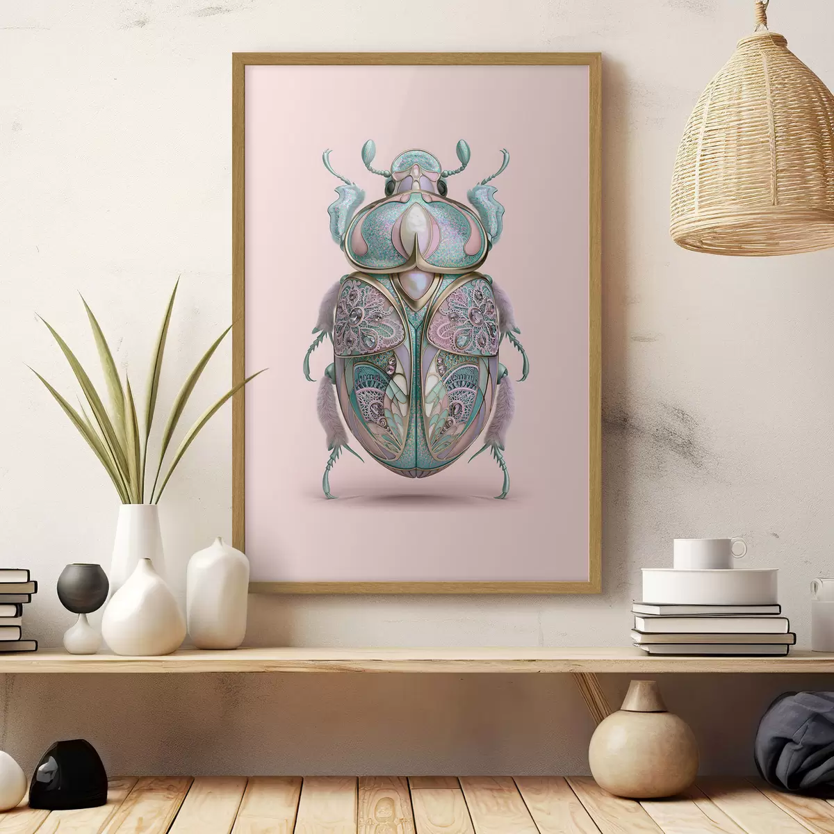 Poster Un coléoptère conçu pour ressembler à un bijou précieux sur fond rose f49863