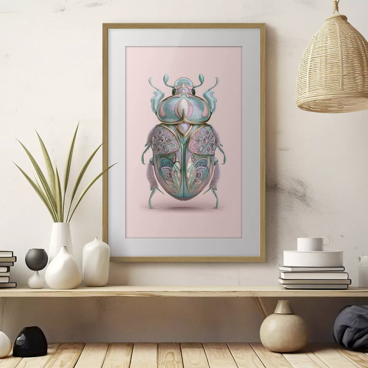 Poster Un coléoptère conçu pour ressembler à un bijou précieux sur fond rose f49863