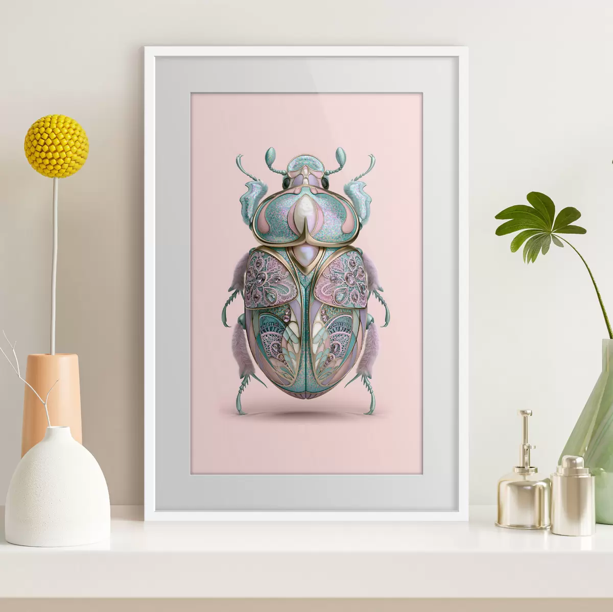 Poster Un coléoptère conçu pour ressembler à un bijou précieux sur fond rose f49863