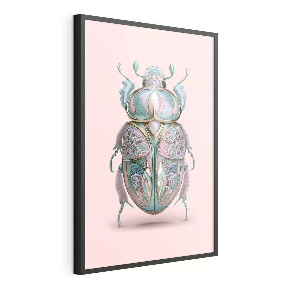 Poster Un coléoptère conçu pour ressembler à un bijou précieux sur fond rose f49863