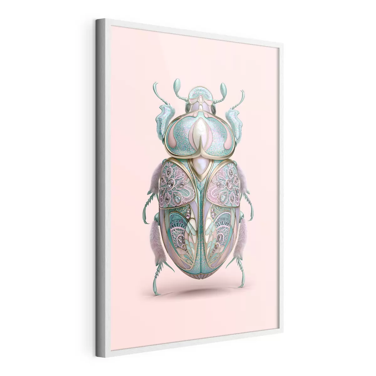 Poster Un coléoptère conçu pour ressembler à un bijou précieux sur fond rose f49863
