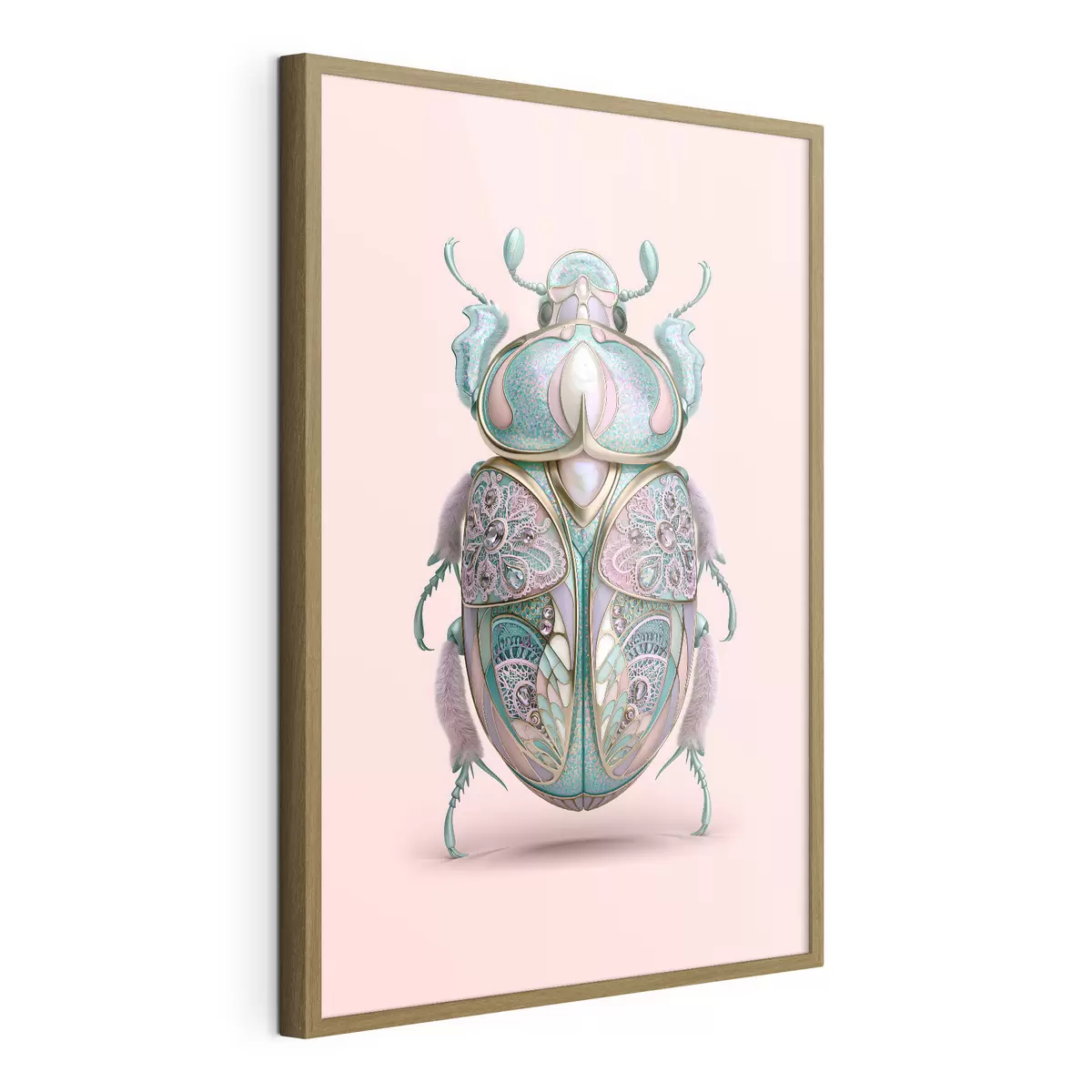 Poster Un coléoptère conçu pour ressembler à un bijou précieux sur fond rose f49863