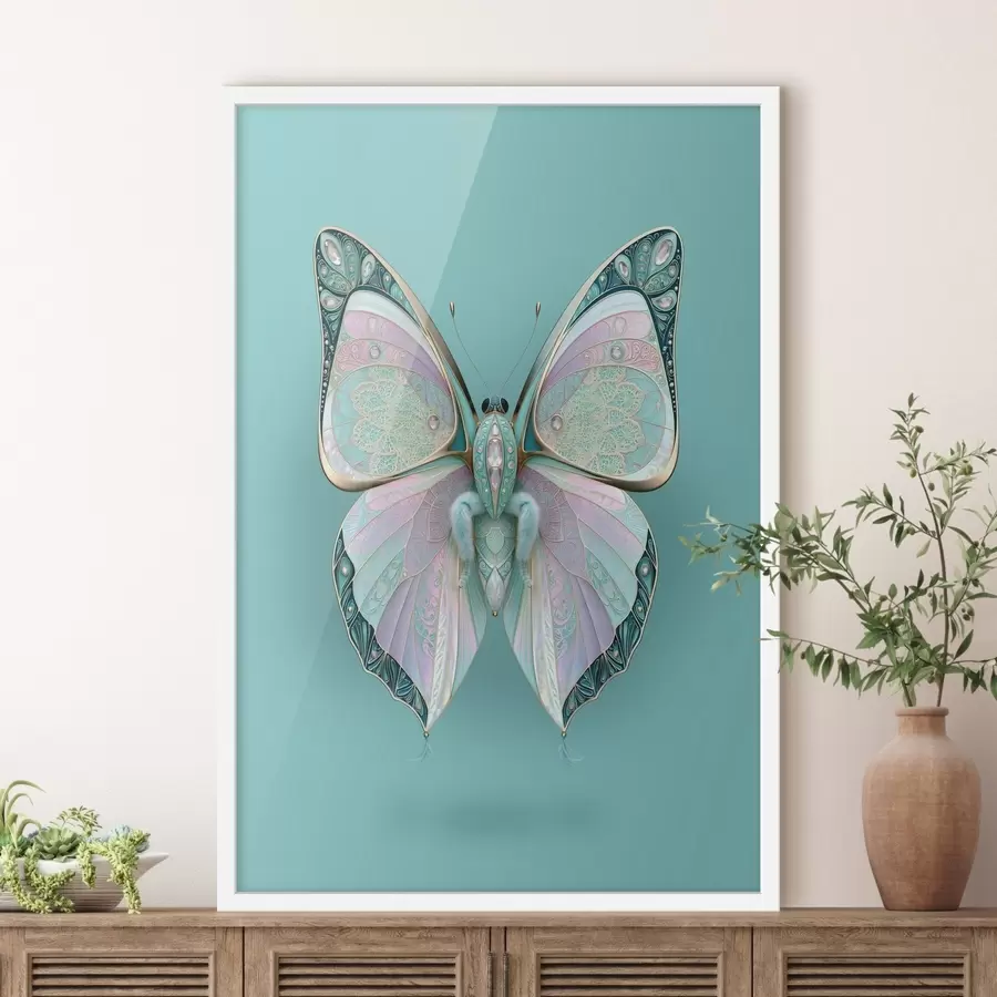 Papier peint Un papillon dans le style des bijoux précieux, sur fond turquoise f49864