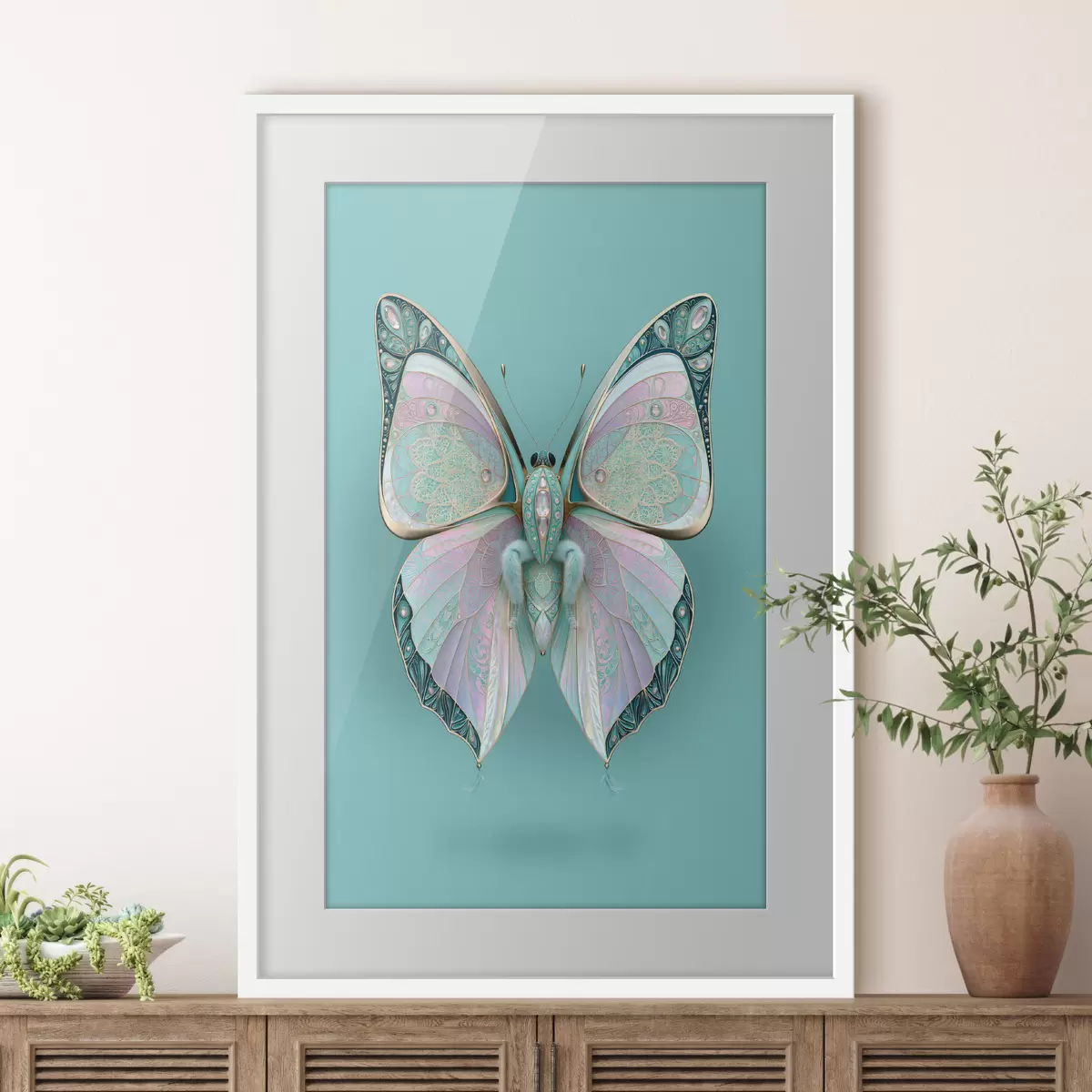 Poster Un papillon dans le style des bijoux précieux, sur fond turquoise f49864