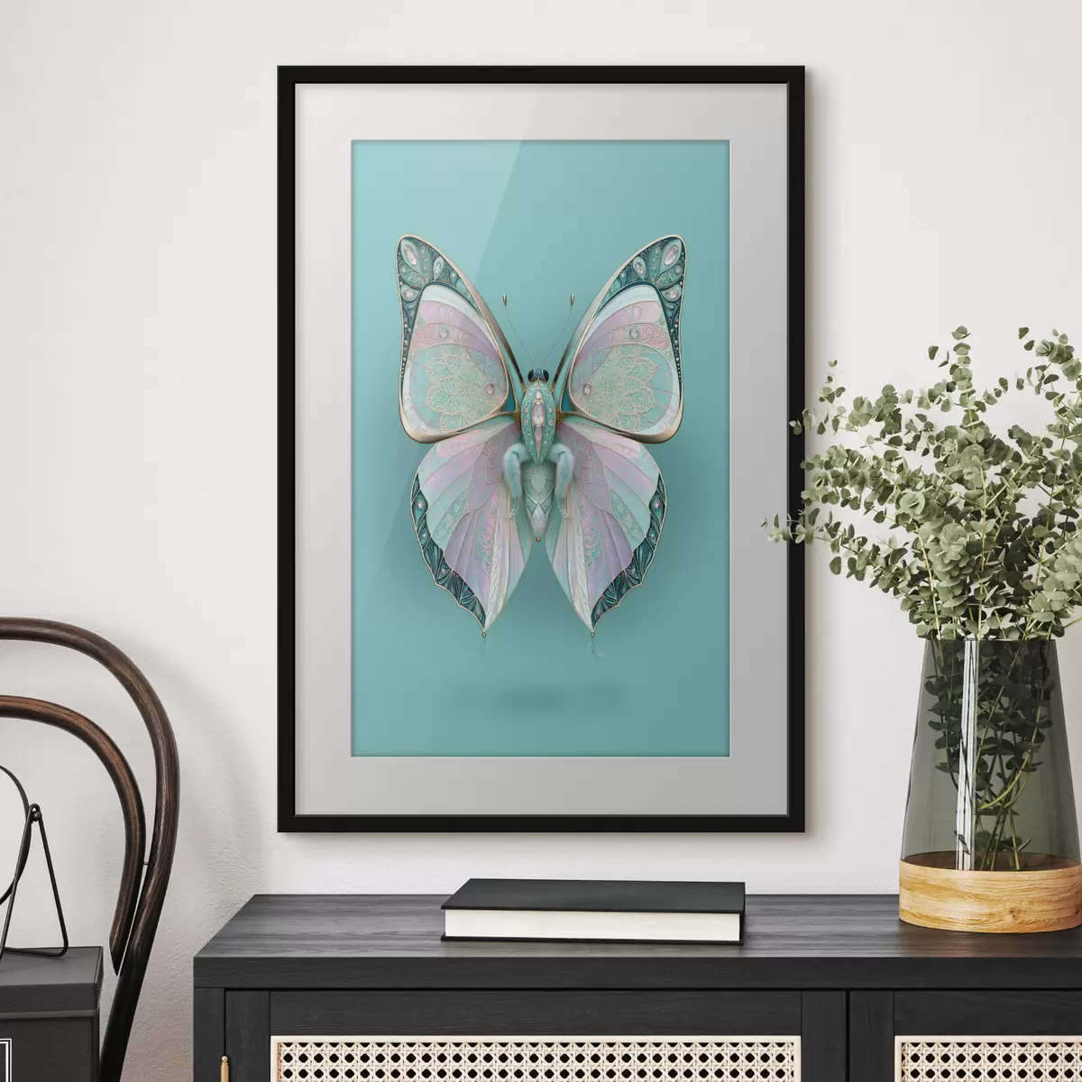 Poster Un papillon dans le style des bijoux précieux, sur fond turquoise f49864