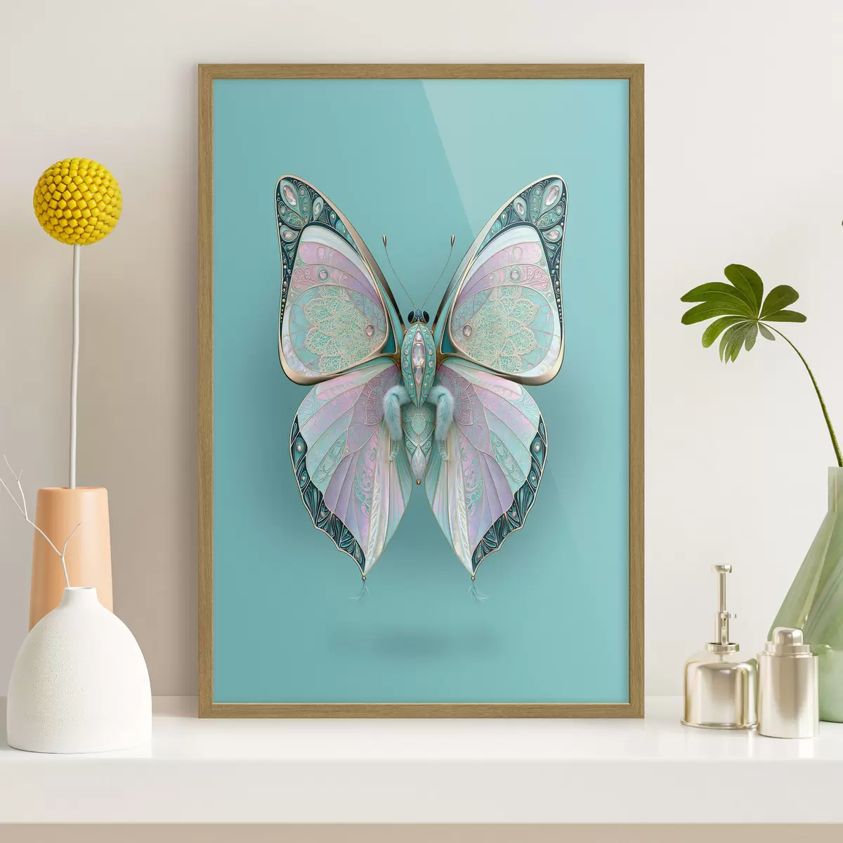 Poster Un papillon dans le style des bijoux précieux, sur fond turquoise f49864