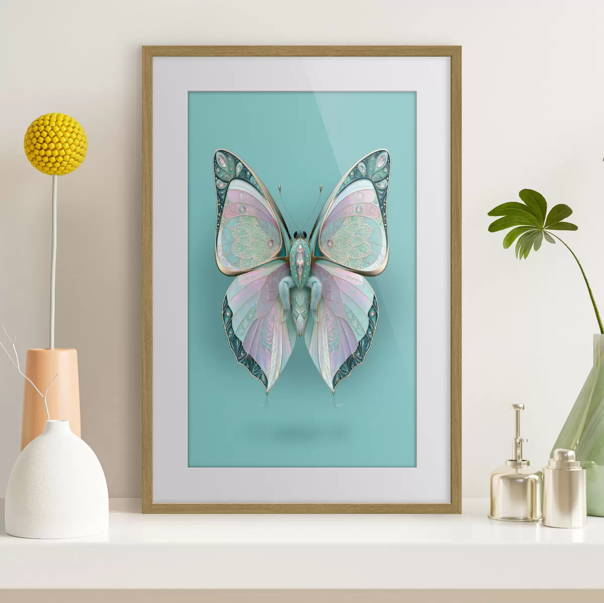 Poster Un papillon dans le style des bijoux précieux, sur fond turquoise f49864