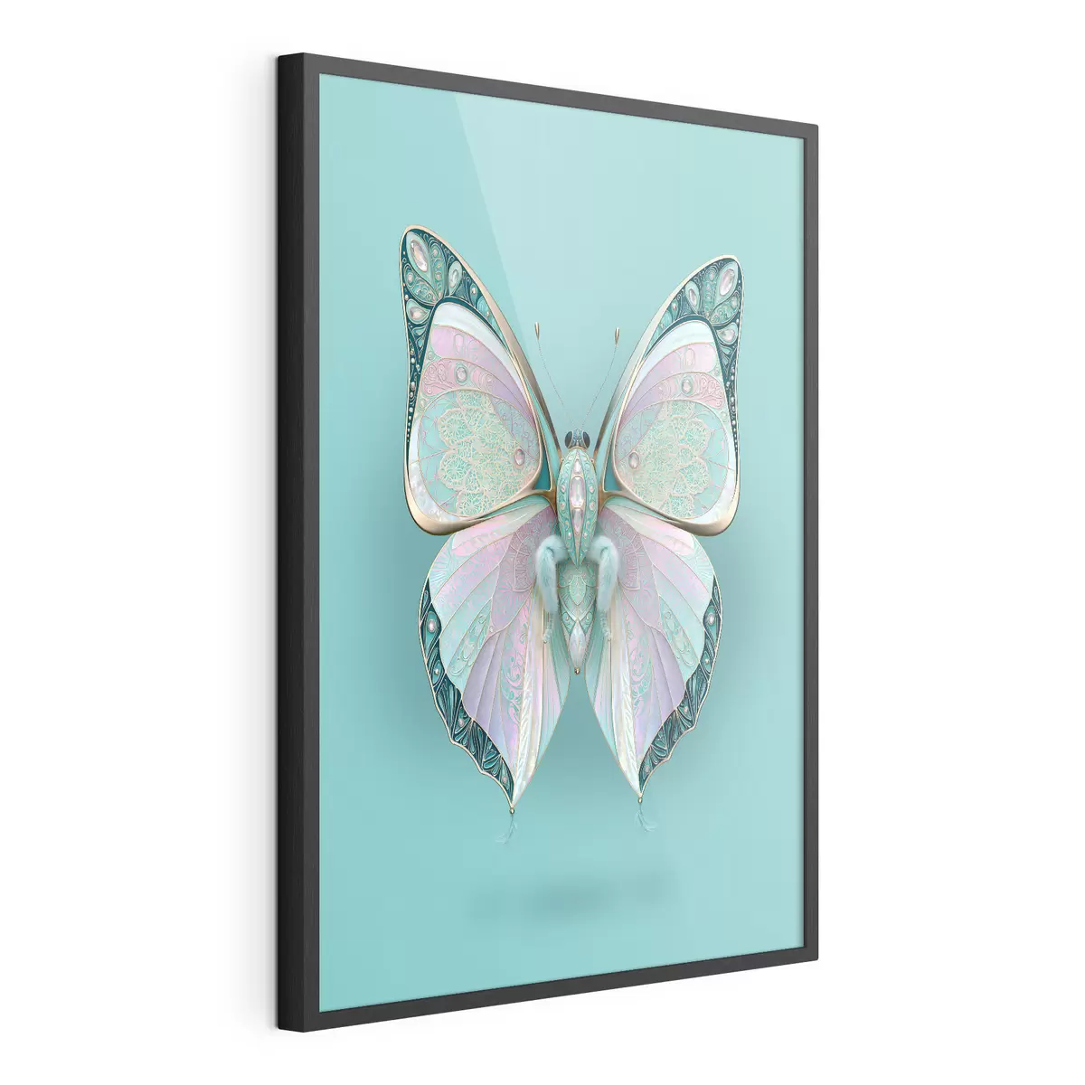 Poster Un papillon dans le style des bijoux précieux, sur fond turquoise f49864