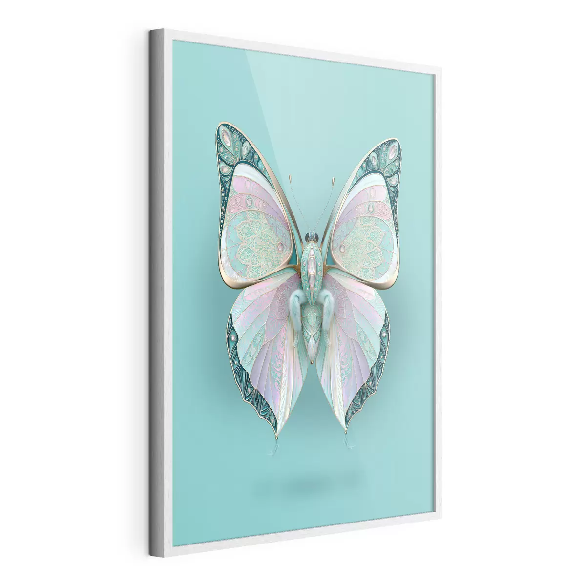 Poster Un papillon dans le style des bijoux précieux, sur fond turquoise f49864