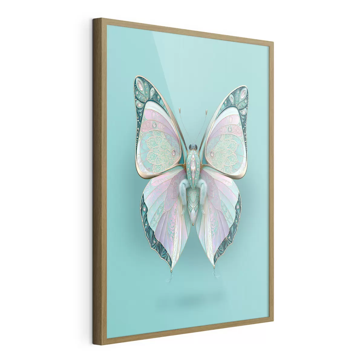 Poster Un papillon dans le style des bijoux précieux, sur fond turquoise f49864