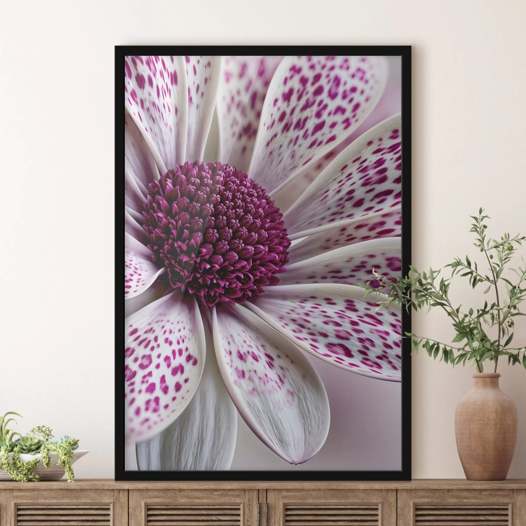 Papier peint Gros plan sur une fleur ressemblant à une marguerite, parsemée de taches léopard d'un magenta éclatant f49865