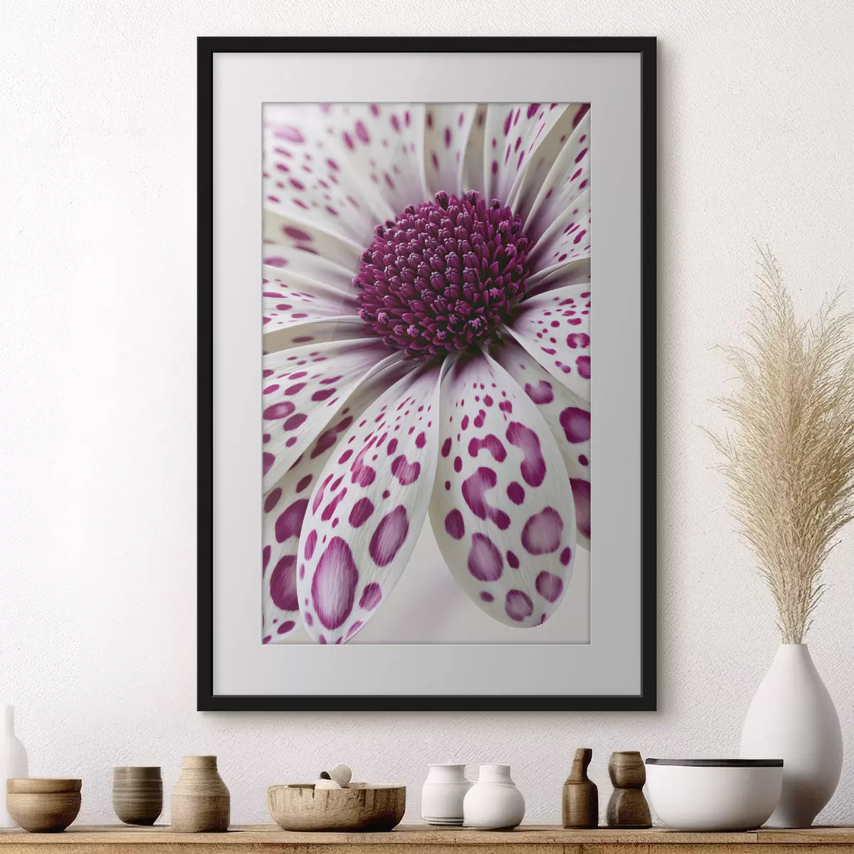 Poster Gros plan sur une fleur ressemblant à une marguerite, parsemée de taches léopard d'un magenta éclatant f49867