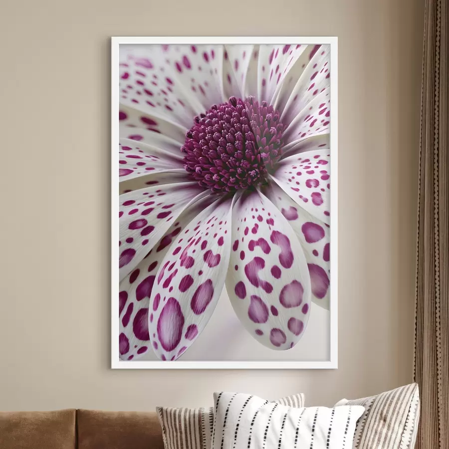 Papier peint Gros plan sur une fleur ressemblant à une marguerite, parsemée de taches léopard d'un magenta éclatant f49867
