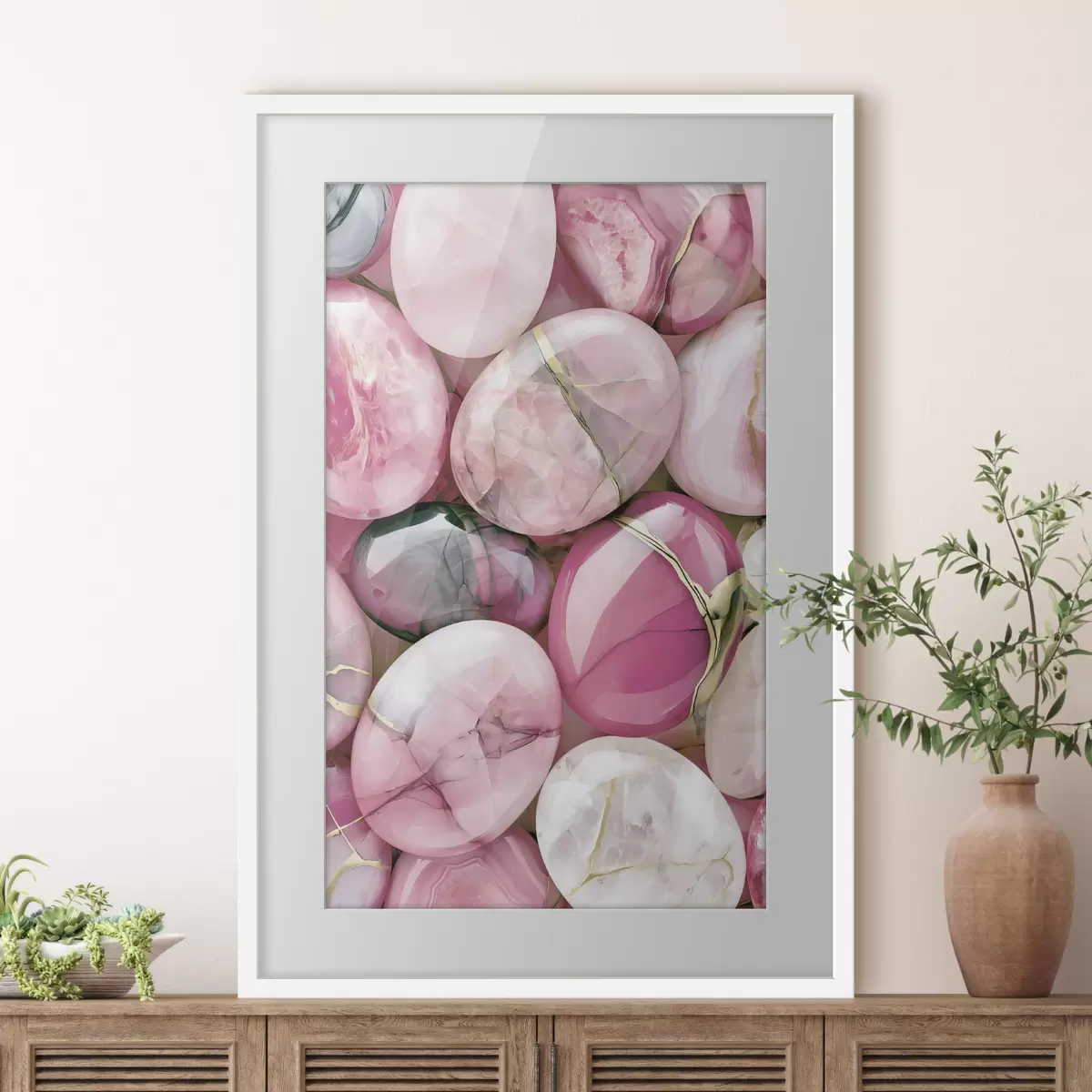 Poster Une élégante composition « flat lay » composée de pierres précieuses polies dans différentes nuances de rose poudré f49872
