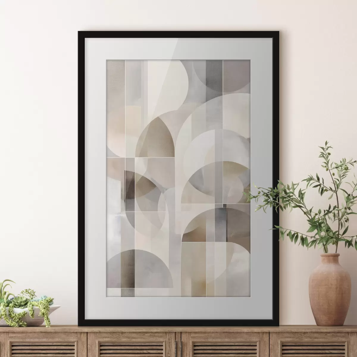 Poster Une composition minimaliste, géométrique et abstraite, déclinée dans une palette de nuances douces de beige, crème, gris-brun et gris-beige f49877