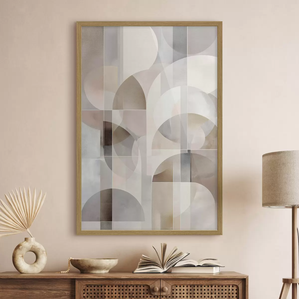 Poster Une composition minimaliste, géométrique et abstraite, déclinée dans une palette de nuances douces de beige, crème, gris-brun et gris-beige f49877