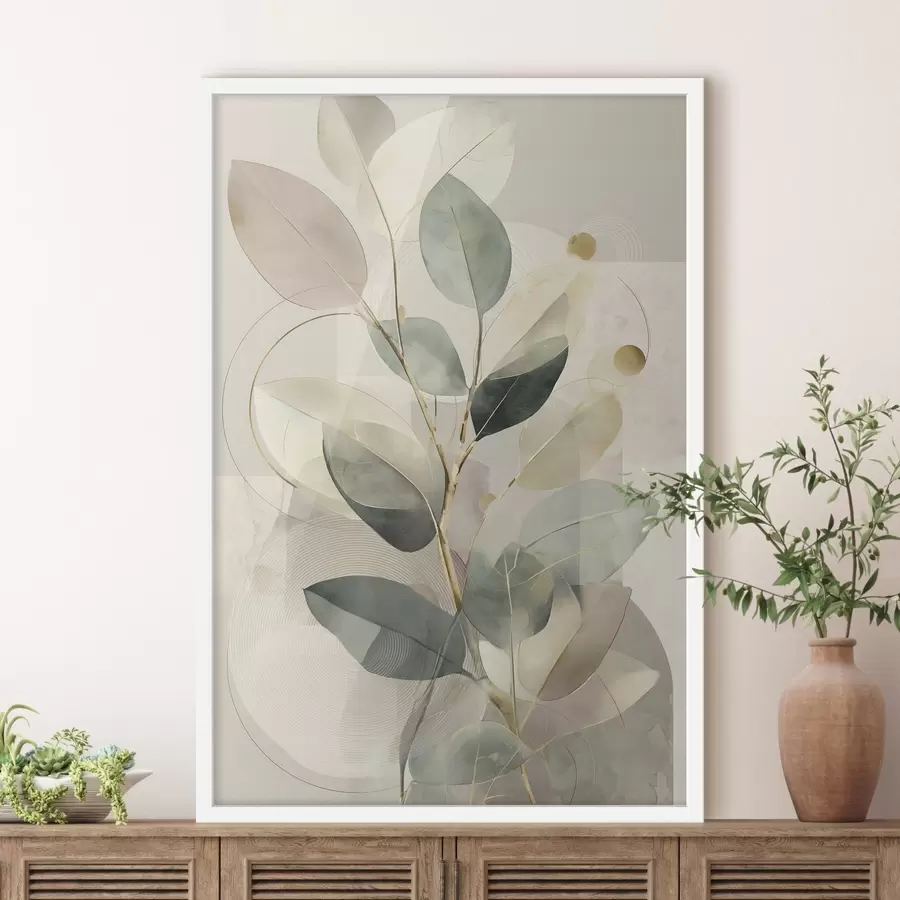 Papier peint Œuvre d'art abstraite minimaliste sur le thème botanique, représentant une élégante branche d'olivier aux feuilles d'un vert sauge délicat et d'un beige chaleureux f49878