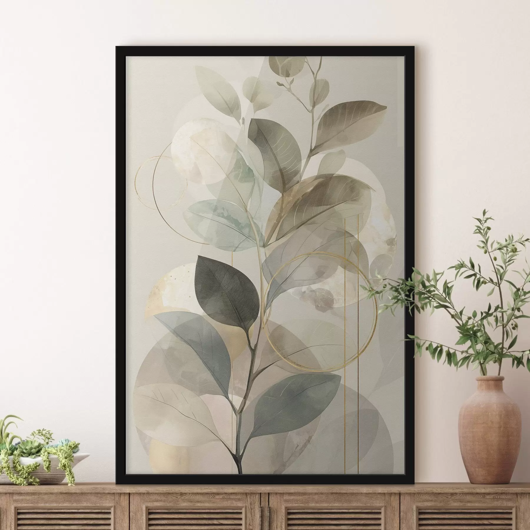 Papier peint Œuvre d'art abstraite minimaliste sur le thème botanique, représentant une élégante branche d'olivier aux feuilles d'un vert sauge délicat et d'un beige chaleureux f49879