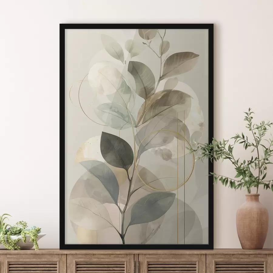 Papier peint Œuvre d'art abstraite minimaliste sur le thème botanique, représentant une élégante branche d'olivier aux feuilles d'un vert sauge délicat et d'un beige chaleureux f49879