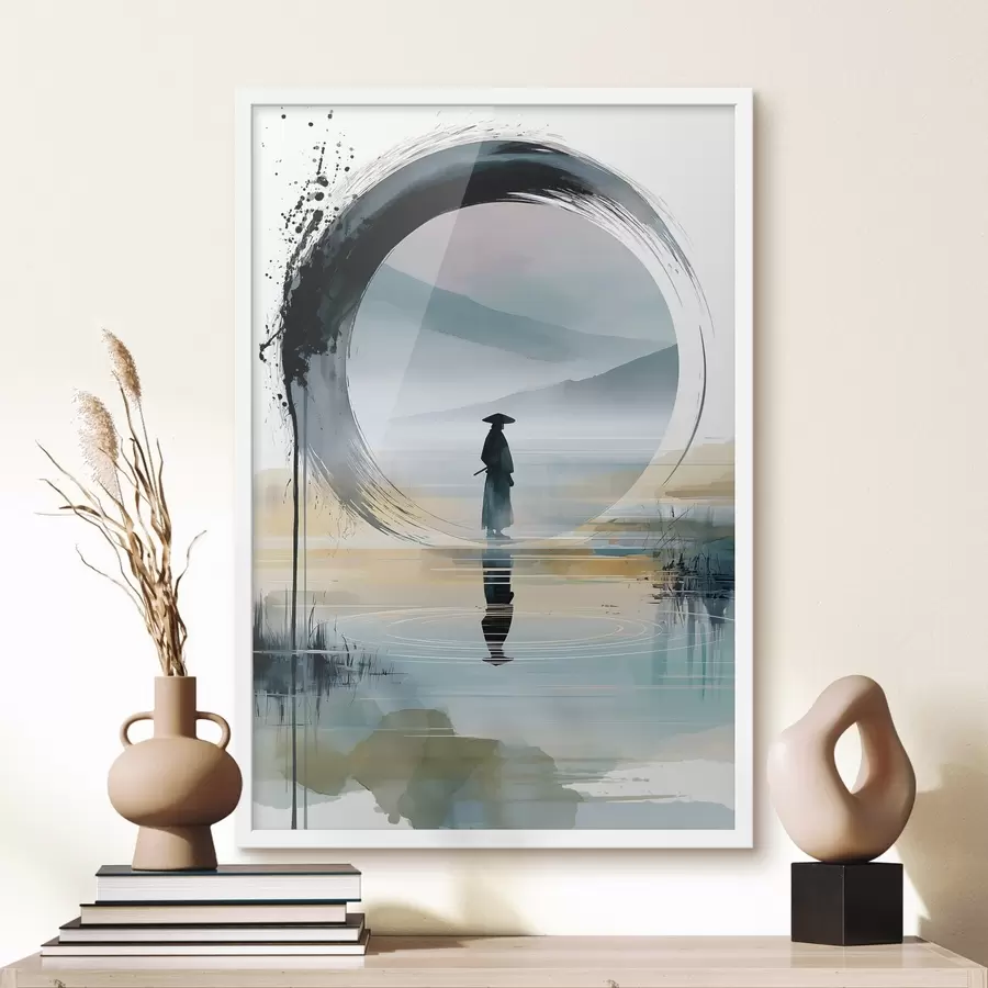 Papier peint Une illustration zen contemporaine représentant un samouraï, un cercle « enso », un paysage à l'aquarelle et un reflet dans un miroir f49880