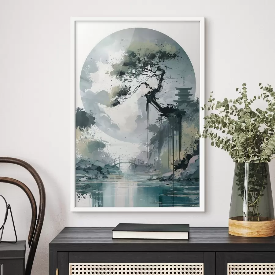 Papier peint Un paysage japonais de style sumi-e représentant un pin élancé, un pont et une pagode se détachant sur des eaux calmes f49881