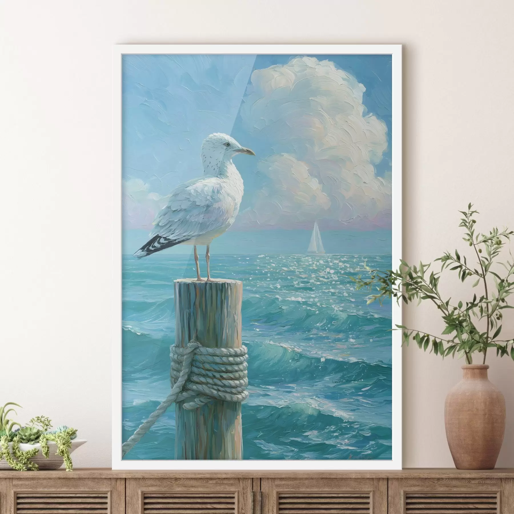 Papier peint Une majestueuse mouette perchée sur un poteau de jetée en bois patiné par les intempéries, peinte dans un style à l'empâtement f49882