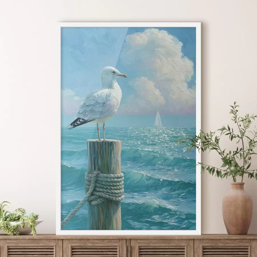 Papier peint Une majestueuse mouette perchée sur un poteau de jetée en bois patiné par les intempéries, peinte dans un style à l'empâtement f49882