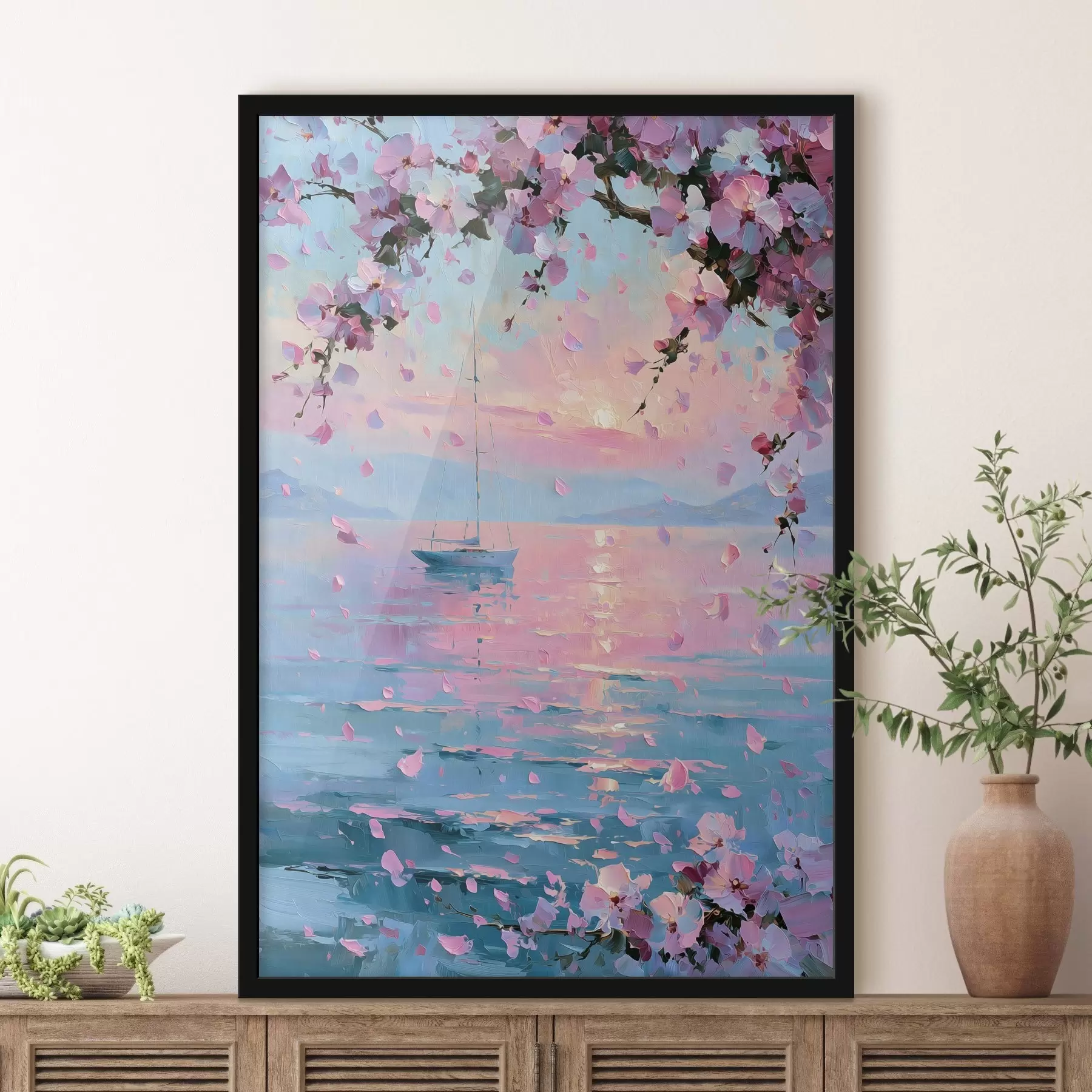 Papier peint Un élégant yacht blanc en mer au coucher du soleil, sous les branches fleuries d'un cerisier rose, dans le style d'une peinture à l'huile f49883
