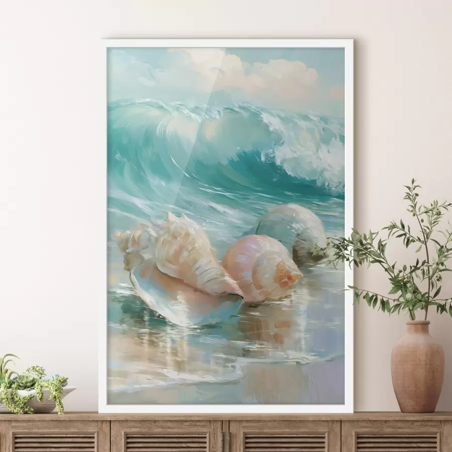 Papier peint Une nature morte côtière paisible : trois coquillages délicats posés sur du sable lisse et humide au bord de l'océan, dans un style inspiré de la peinture à l'huile f49884