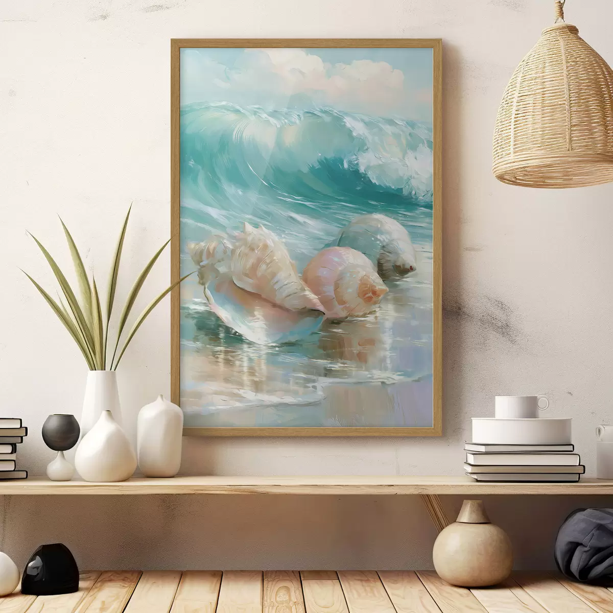 Poster Une nature morte côtière paisible : trois coquillages délicats posés sur du sable lisse et humide au bord de l'océan, dans un style inspiré de la peinture à l'huile f49884