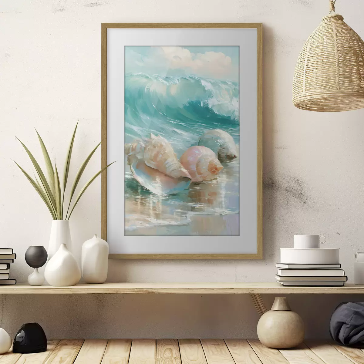 Poster Une nature morte côtière paisible : trois coquillages délicats posés sur du sable lisse et humide au bord de l'océan, dans un style inspiré de la peinture à l'huile f49884