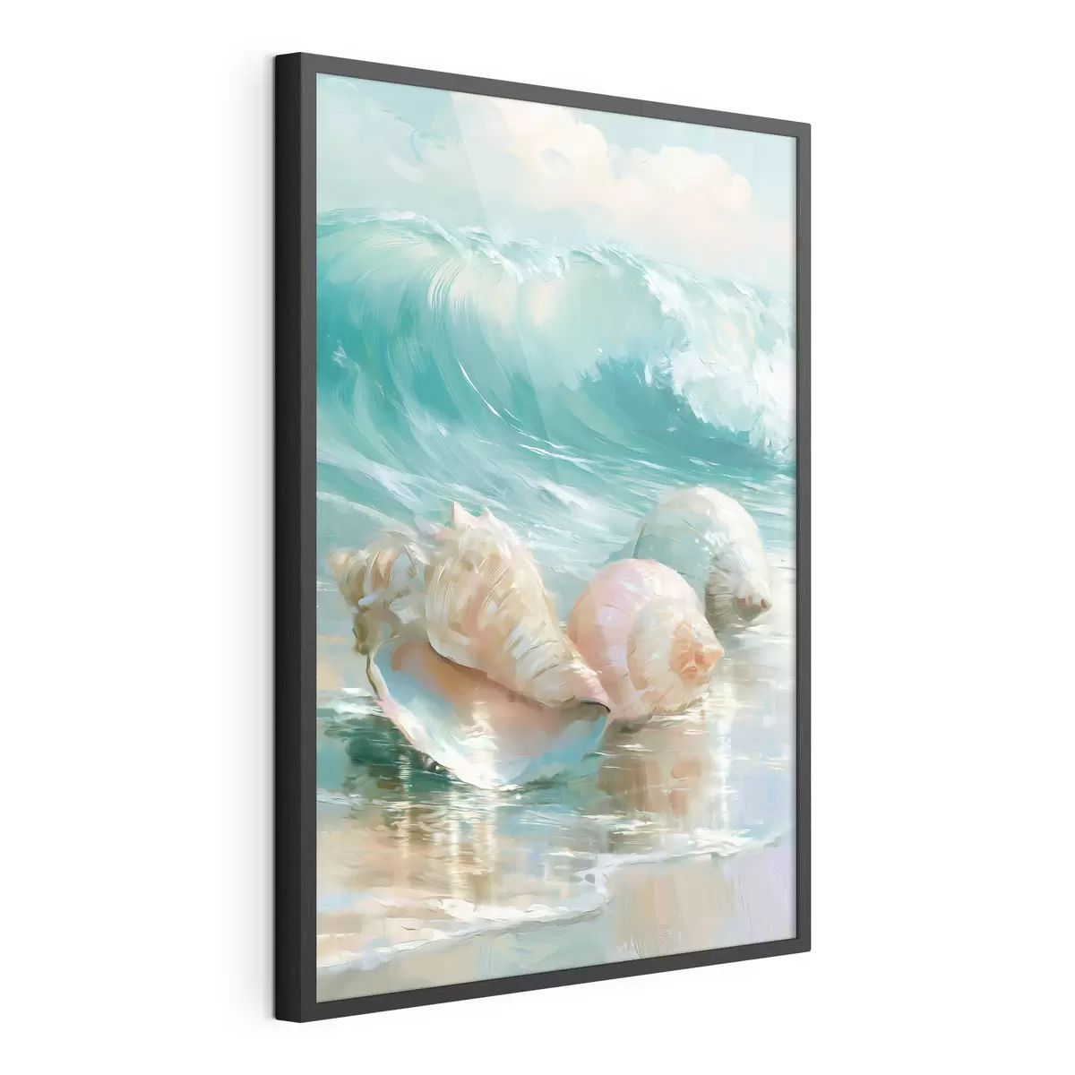 Poster Une nature morte côtière paisible : trois coquillages délicats posés sur du sable lisse et humide au bord de l'océan, dans un style inspiré de la peinture à l'huile f49884