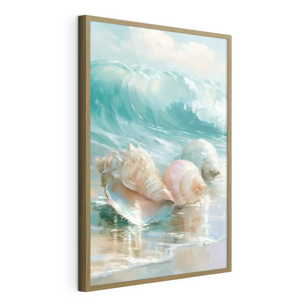 Poster Une nature morte côtière paisible : trois coquillages délicats posés sur du sable lisse et humide au bord de l'océan, dans un style inspiré de la peinture à l'huile f49884