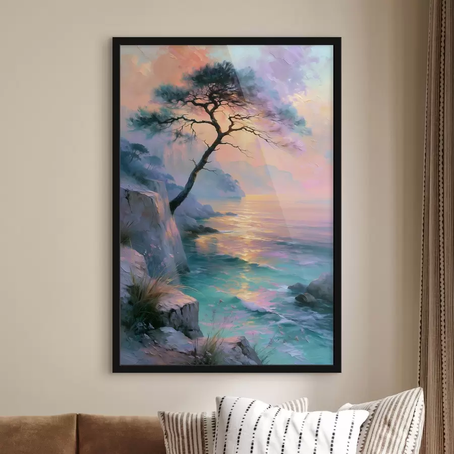 Papier peint Paysage majestueux de la côte méditerranéenne au coucher du soleil, peint dans le style de la peinture à l'huile, mettant en scène un pin ancien, marqué par les intempéries f49885