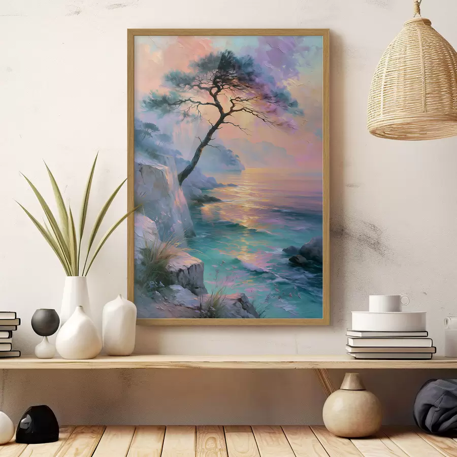 Papier peint Paysage majestueux de la côte méditerranéenne au coucher du soleil, peint dans le style de la peinture à l'huile, mettant en scène un pin ancien, marqué par les intempéries f49885