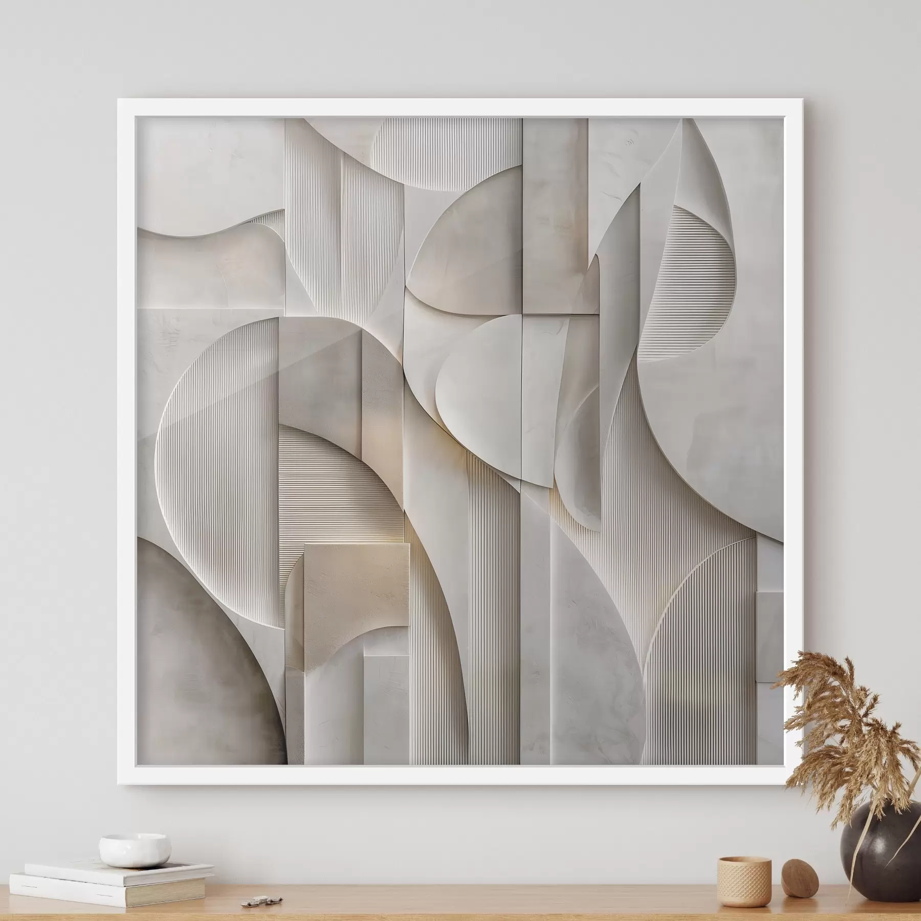 Papier peint Une composition abstraite de style en relief, imitant des formes et des superpositions dans des tons doux de gris-beige f49886