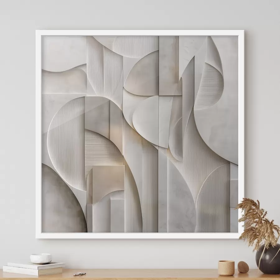 Papier peint Une composition abstraite de style en relief, imitant des formes et des superpositions dans des tons doux de gris-beige f49886