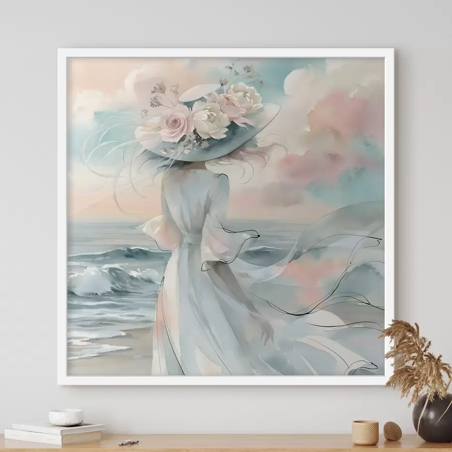 Papier peint Une jeune fille romantique coiffée d'un chapeau à fleurs au bord de la mer, dans un style aquarelle f49890