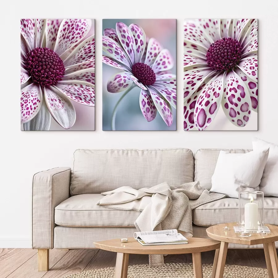 Tableau Des fleurs ressemblant à des marguerites, parsemées de taches léopard d'un magenta éclatant m30721