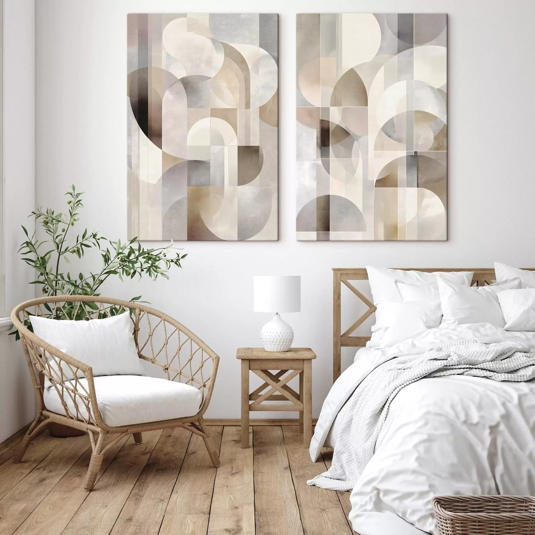 Tableau Une composition minimaliste, géométrique et abstraite, déclinée dans une palette de nuances douces de beige, crème, gris-brun et gris-beige m30725