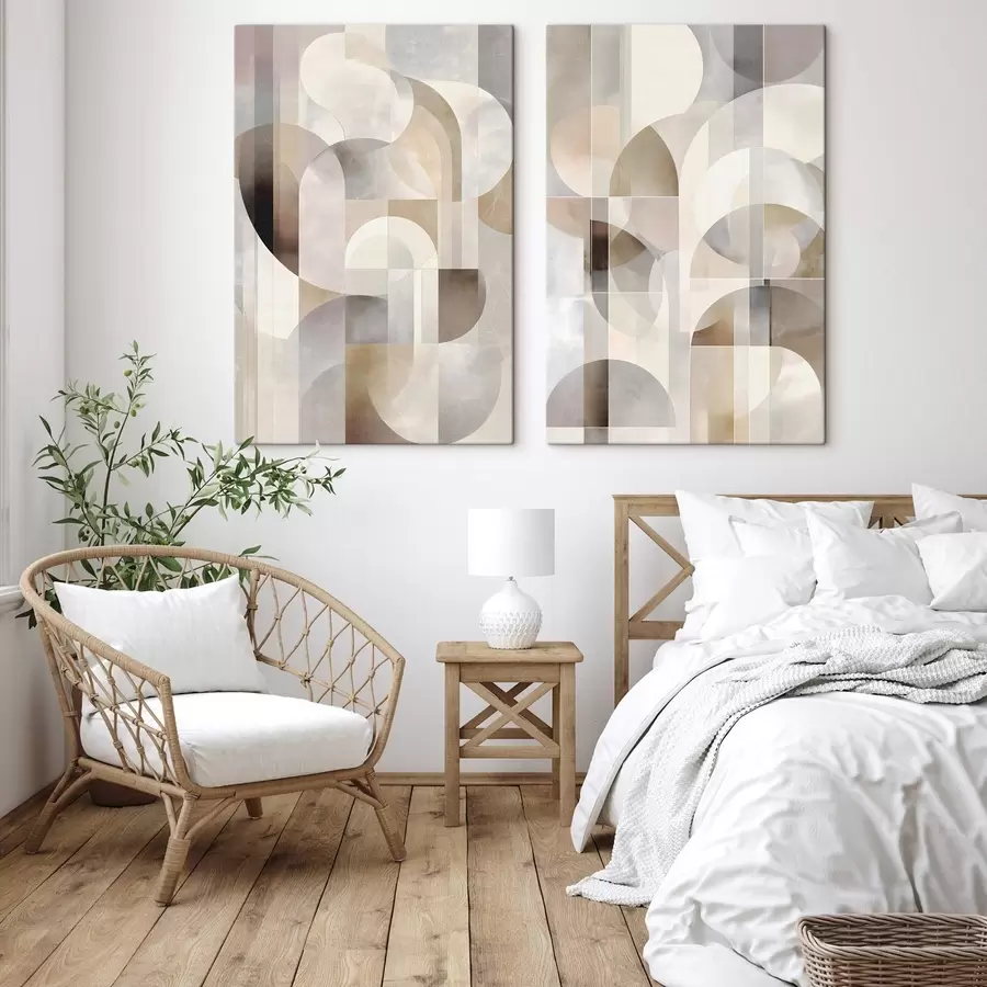 Tableau Une composition minimaliste, géométrique et abstraite, déclinée dans une palette de nuances douces de beige, crème, gris-brun et gris-beige m30725