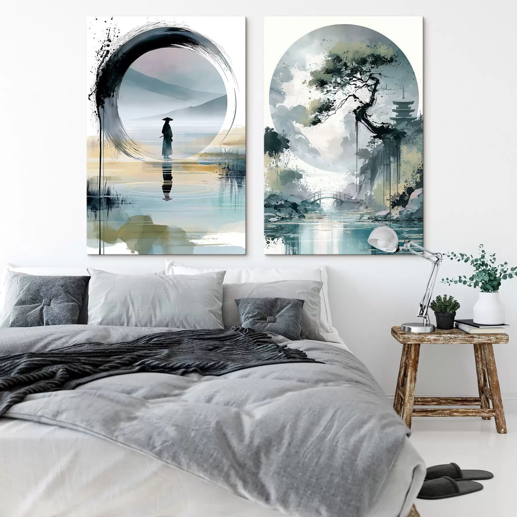 Tableau Un paysage japonais de style sumi-e représentant un pin élancé, un pont et une pagode se détachant sur des eaux calmes ; un samouraï, un cercle « enso », un paysage à l'aquarelle m30727