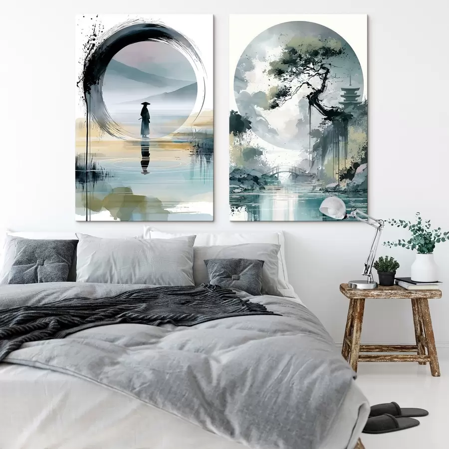 Tableau Un paysage japonais de style sumi-e représentant un pin élancé, un pont et une pagode se détachant sur des eaux calmes ; un samouraï, un cercle « enso », un paysage à l'aquarelle m30727