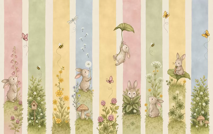Papier peint Des rayures aux couleurs pastel ornées de lapins, de fleurs, de papillons et d'abeilles w05730