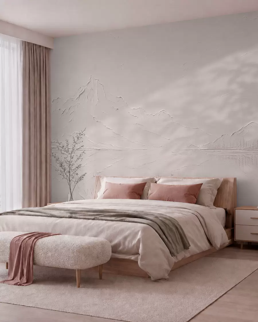 Papier peint Un paysage de montagne aux teintes rose pâle et à la texture variée, avec un lac aux reflets miroitants w05739v1
