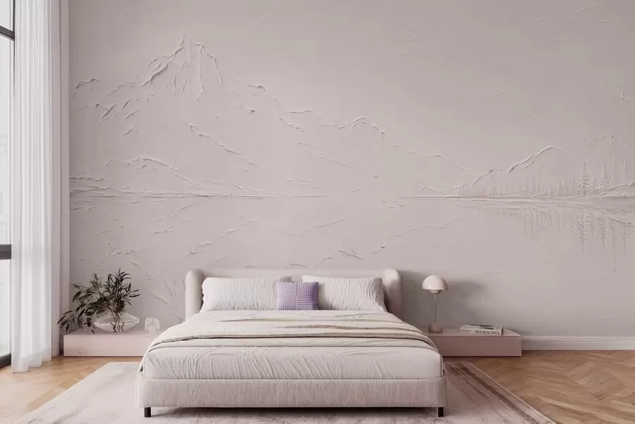 Papier peint Un paysage de montagne aux teintes rose pâle et à la texture variée, avec un lac aux reflets miroitants w05739v1