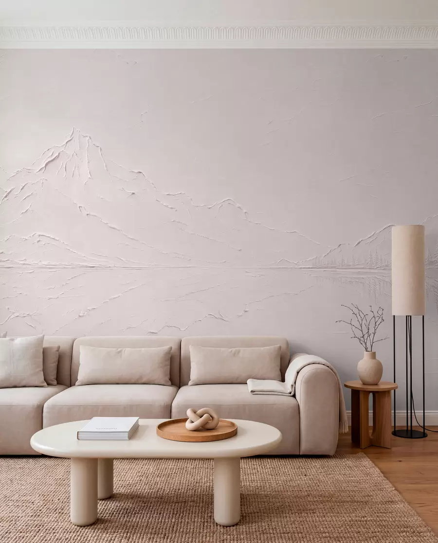 Papier peint Un paysage de montagne aux teintes rose pâle et à la texture variée, avec un lac aux reflets miroitants w05739v1